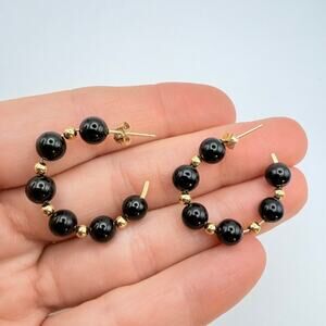 Signed IPS 14K Yellow Gold Black Onyx Hoop Earrings Ball Beads